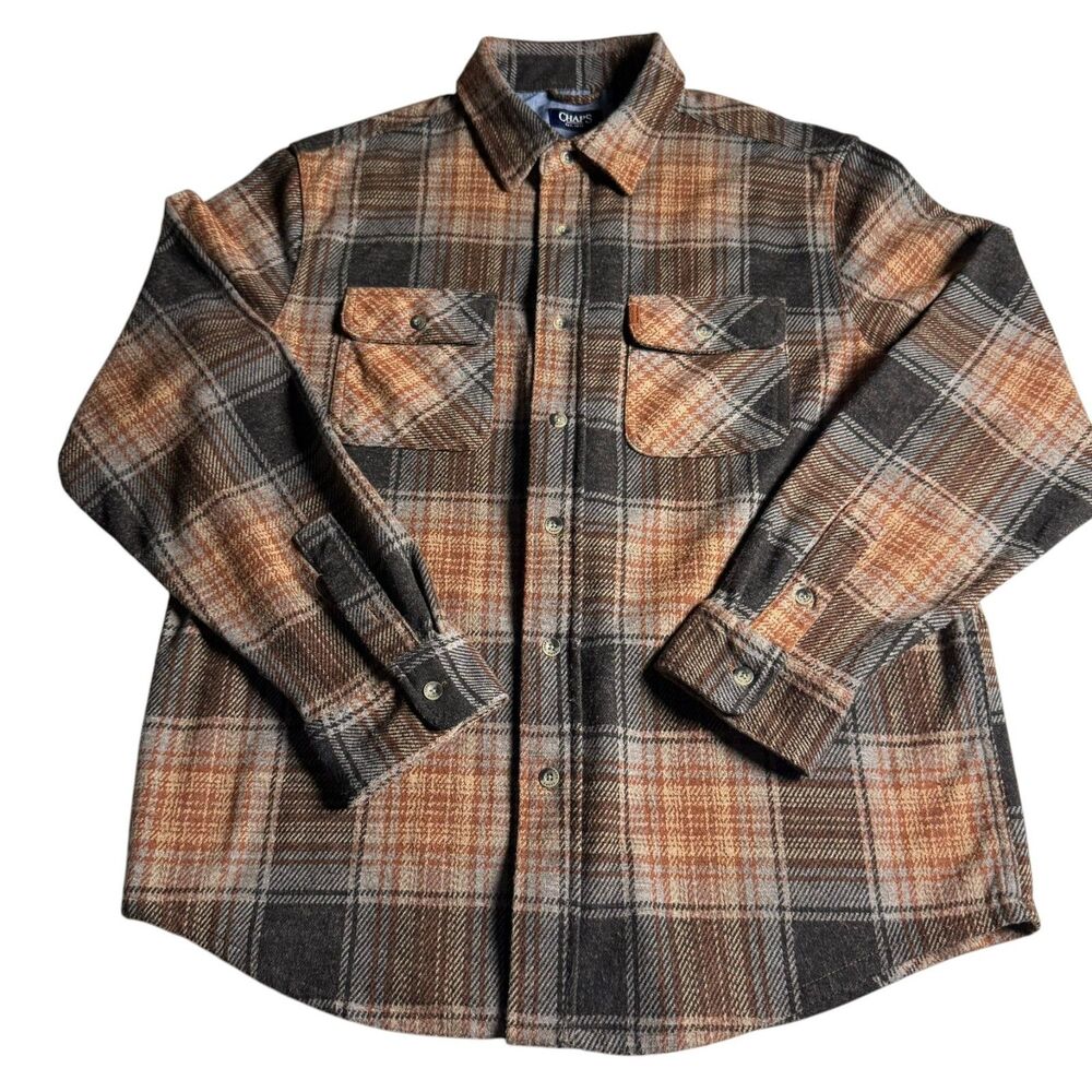 Chaps Men’s Plaid Knit Flannel Shirt Large Brown Gray Orange Button Up